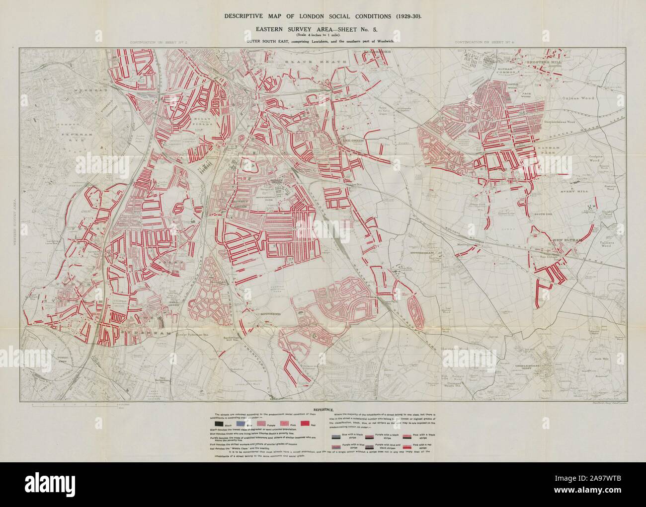 BOOTH / LSE POVERTY MAP Lewisham Woolwich Blackheath Syndenham 1931 old Stock Photo