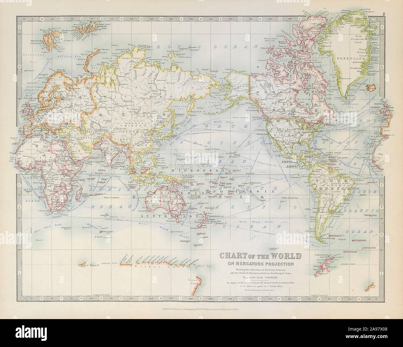 WORLD ON MERCATOR'S PROJECTION unusually Pacific-centred. JOHNSTON 1915 map Stock Photo