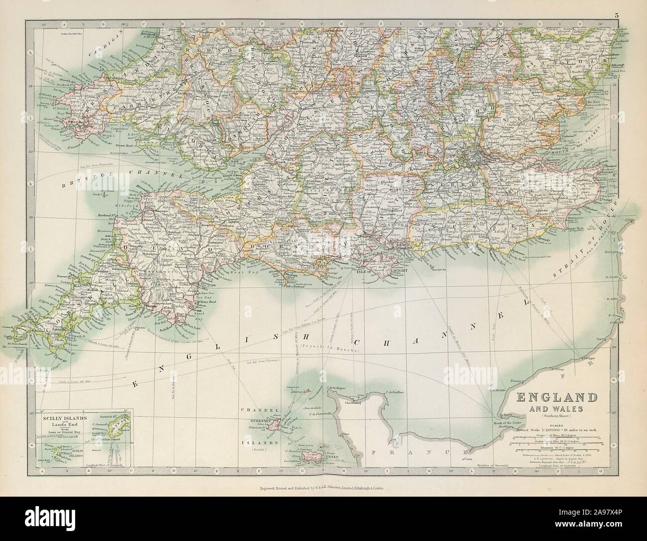 SOUTHERN ENGLAND & WALES. Shows Worcestershire enclaves. JOHNSTON 1915 old map Stock Photo