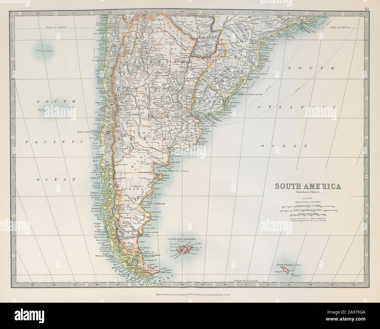 SOUTH AMERICA. Shows ignored 1897 Paraguay/Bolivia border. JOHNSTON 1915 map Stock Photo