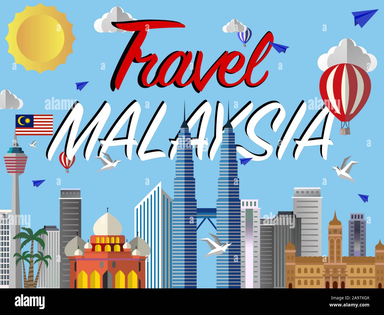 Malaysia Kuala Lumpur country city skyline with flag, craft vector illustration. Colorful art, travel place cityscape, landscape, beautiful tourism ba Stock Vector