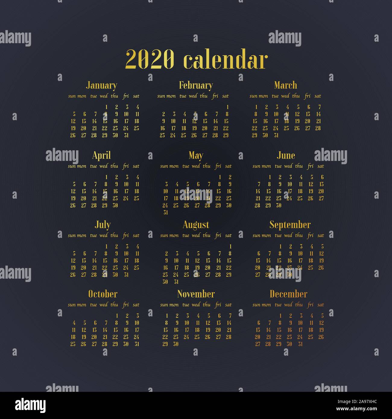 Simply design Desk Calendar of 2020 year template. Week starts on Sunday. Basic type, original grid, vector illustration with beautiful geometric gold Stock Vector
