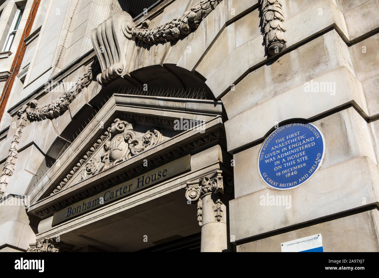 London, UK - February 26th 2019: A blue plaque on Bonham Carter House in Gower Street in London, marking the location where the first Anaesthetic give Stock Photo