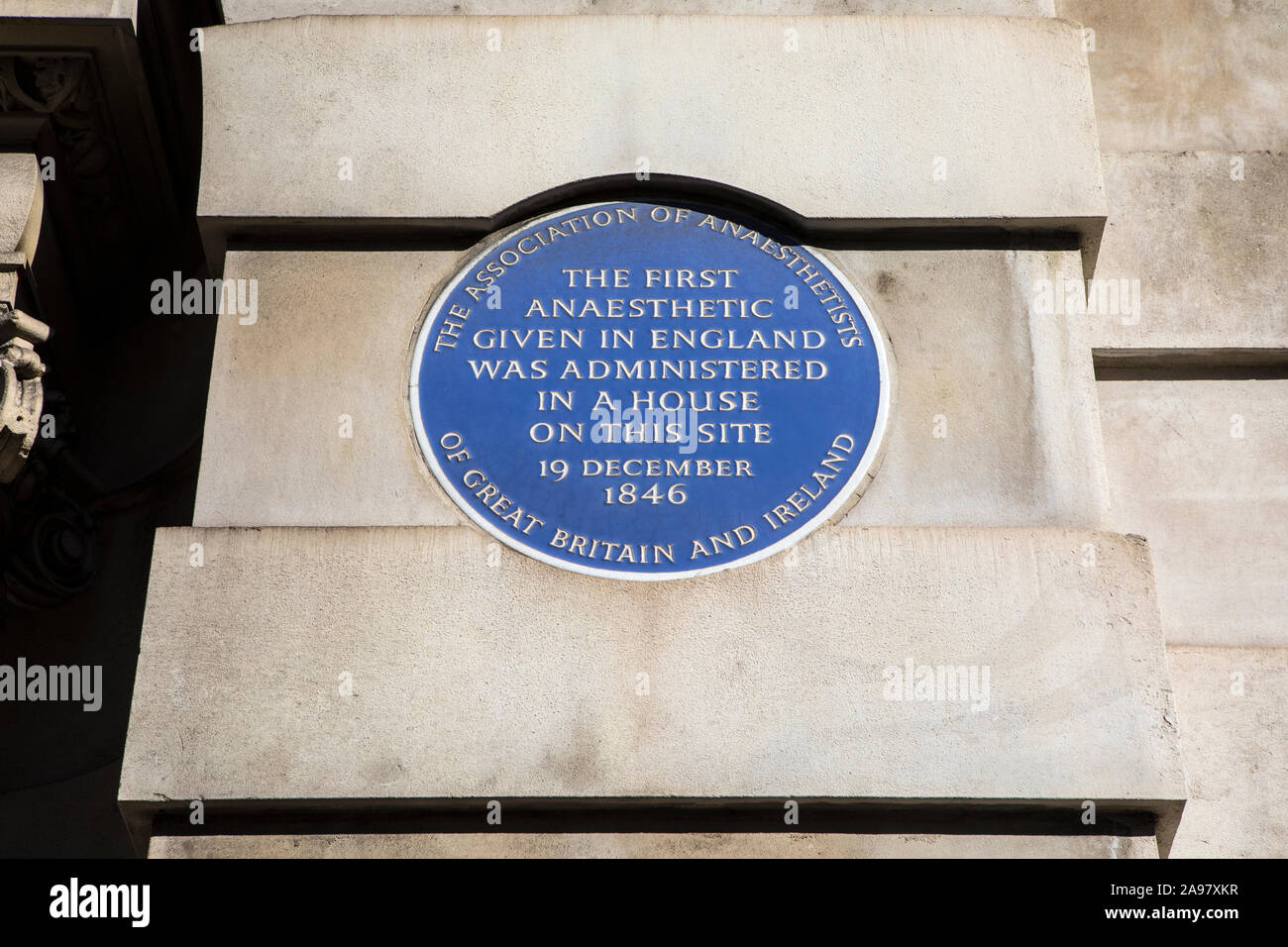 London, UK - February 26th 2019: A blue plaque on Bonham Carter House in Gower Street in London, marking the location where the first Anaesthetic give Stock Photo