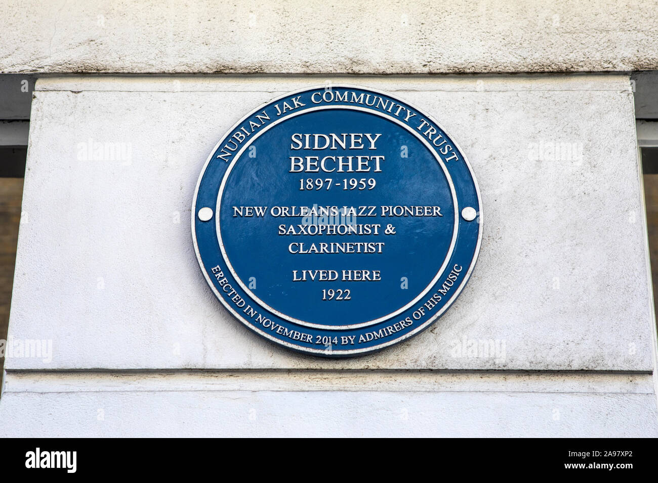 London, UK - February 26th 2019: A blue plaque on Conway Street in London, marking the location where Jazz legend Sidney Bechet once lived. Stock Photo