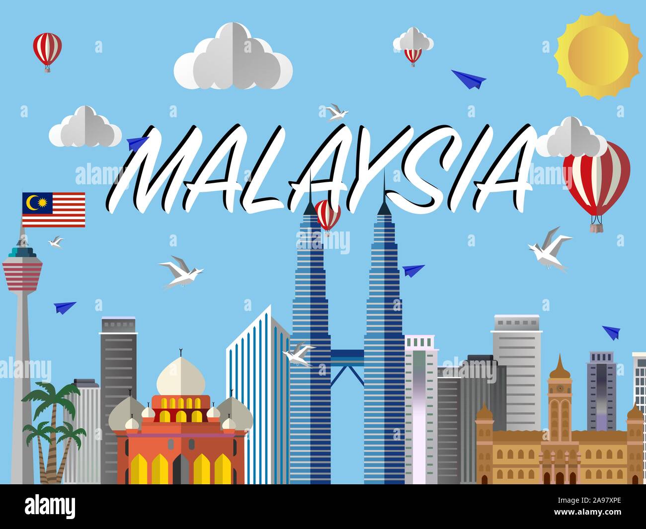 Malaysia Kuala Lumpur country city skyline with flag, craft vector 