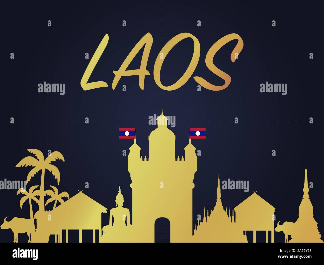 Laos Luang Prabang country city skyline with flag, vector illustration. Colorful art, travel world place cityscape, landscape, beautiful tourism backg Stock Vector