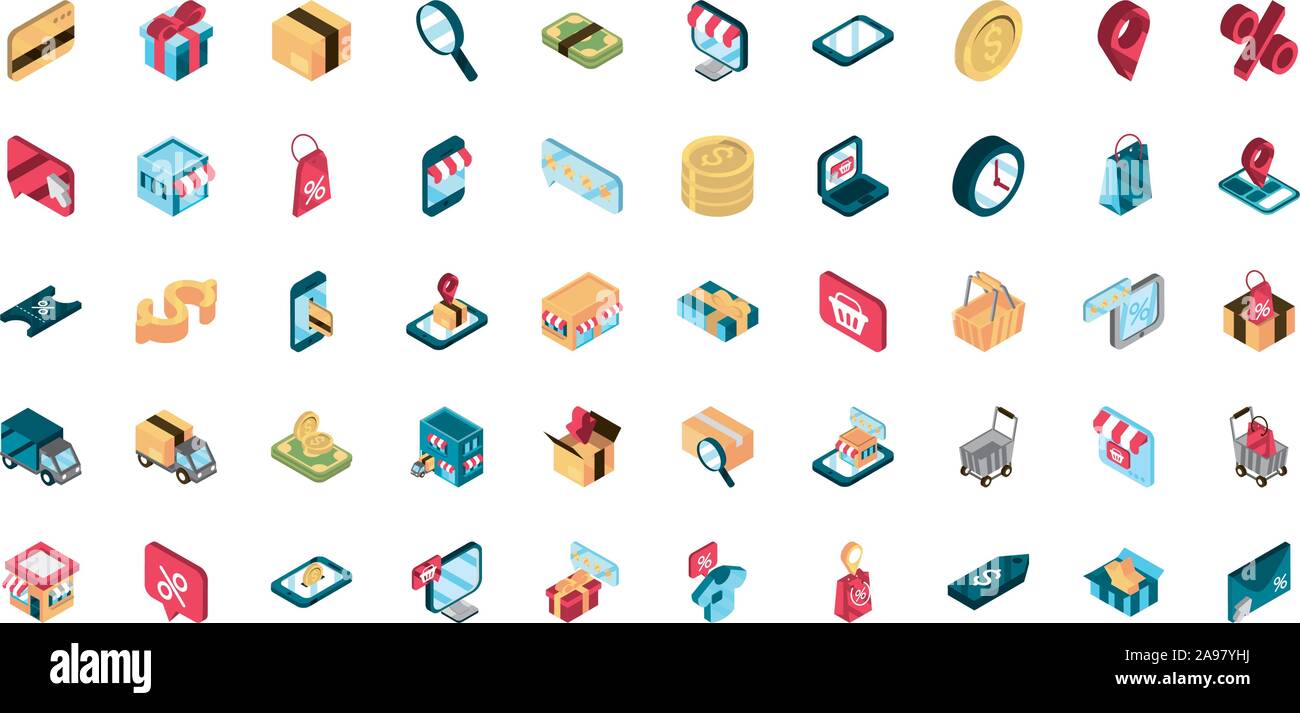 online shopping isometric icons collection vector illustration Stock ...