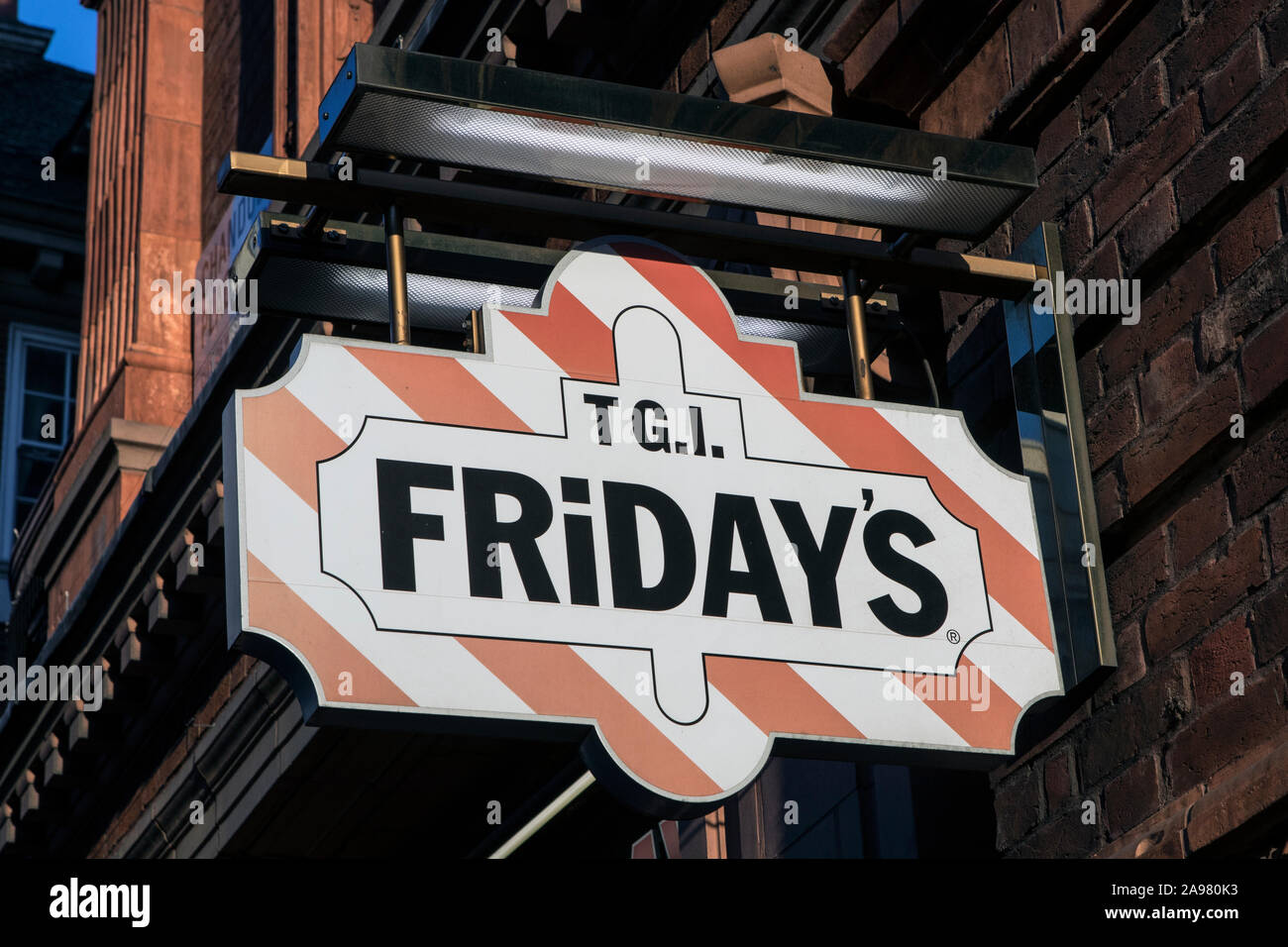 London, UK - February 26th 2019: The logo of TGI Fridays at one of their restaurants in central London, UK. Stock Photo