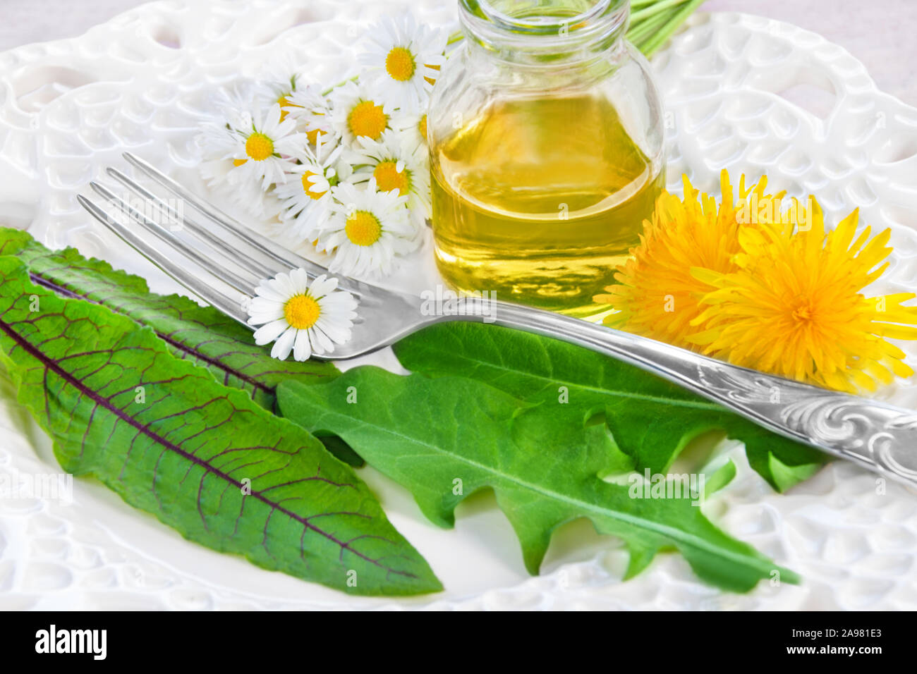 Salat weeds and eatable blossoms Stock Photo