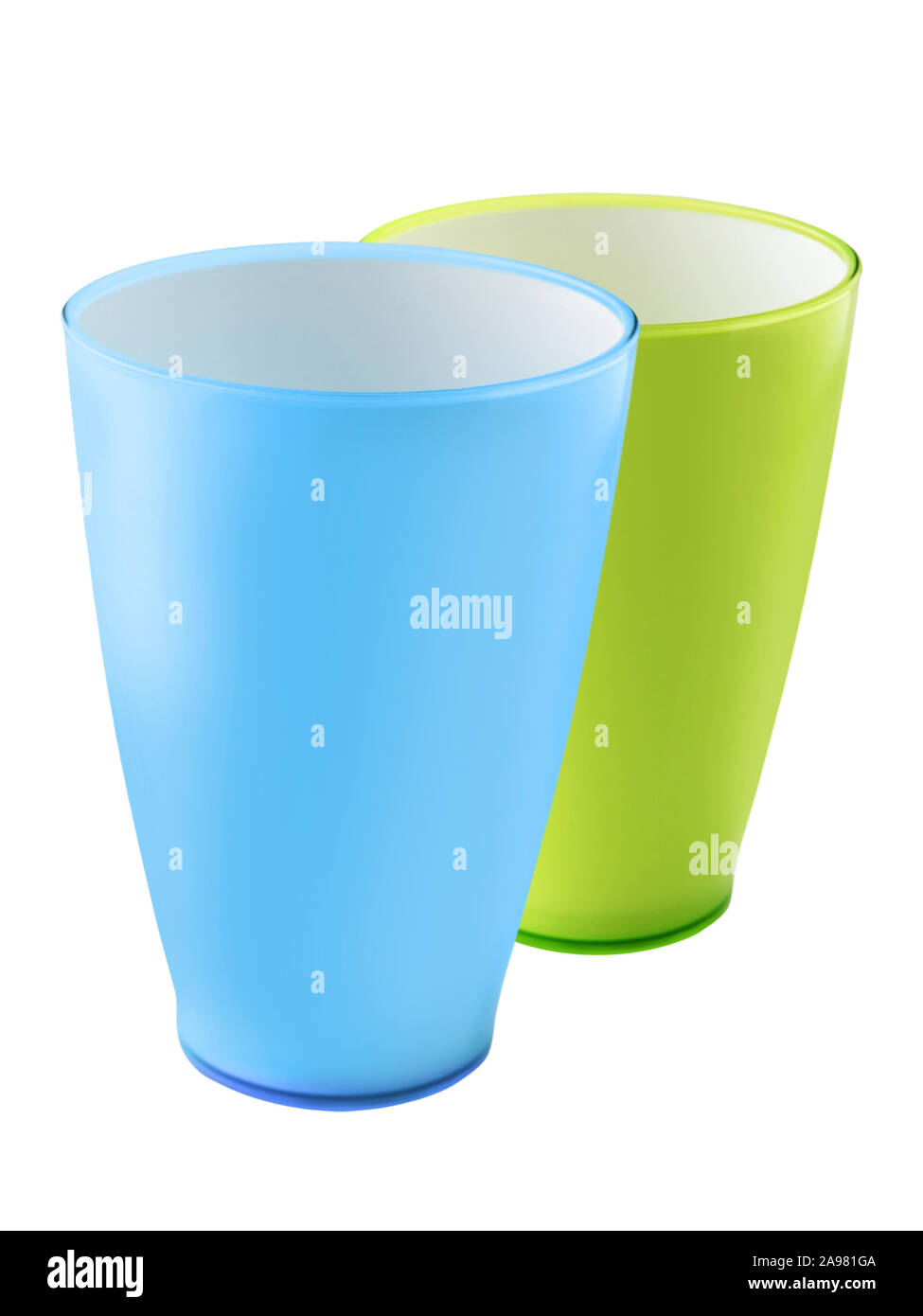 Two plastic mugs isolated against white background Stock Photo