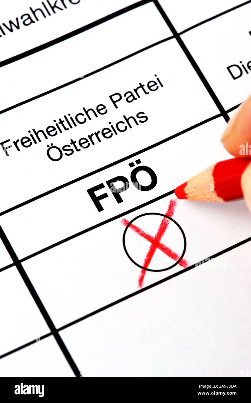 Österreichischer Wahlzettel, FPÖ, Rotstift, Kreuz, ankreuzen, Freiheitliche Partei Österreichs, Stock Photo