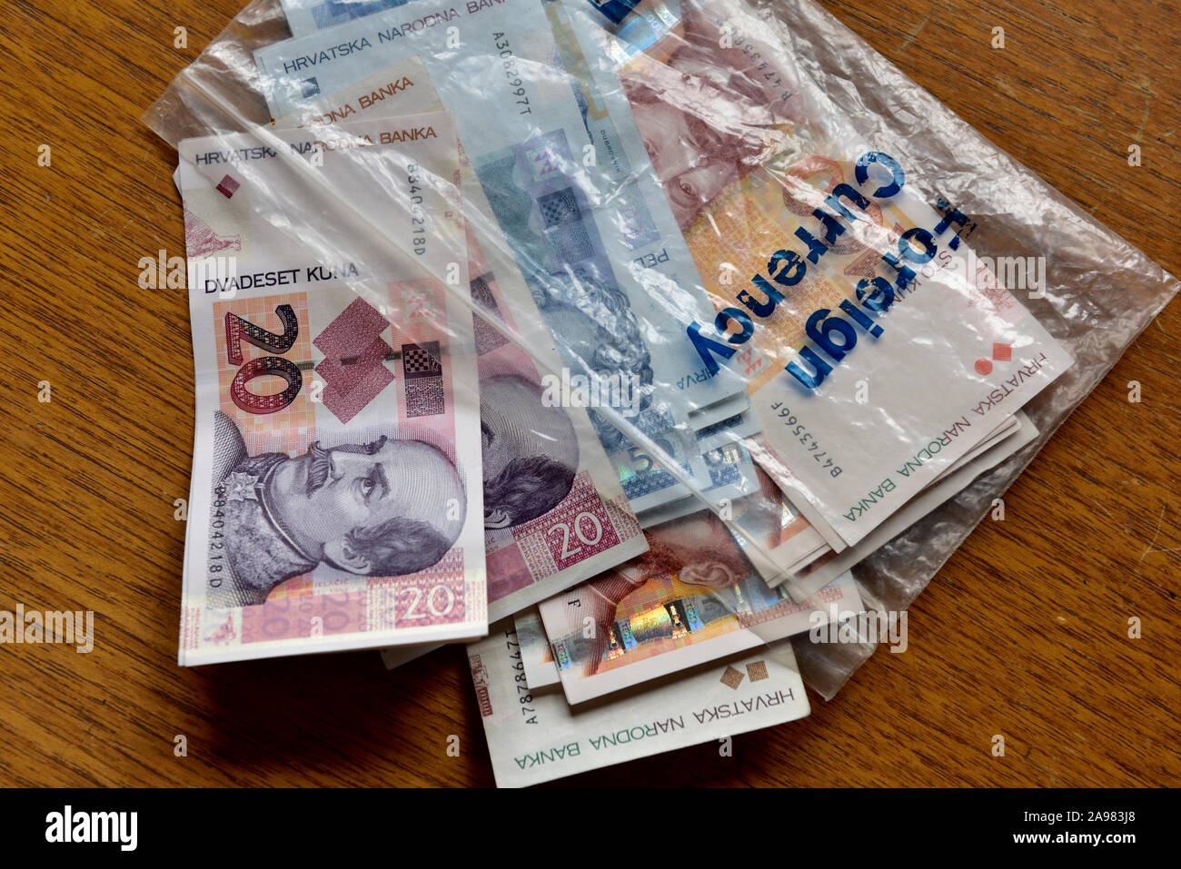 Croatian money, Kuna, in plastic foreign currency bag Stock Photo