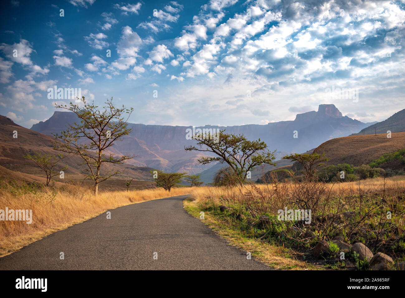 a road to the amphitheater in drakensberg, south africa Stock Photo