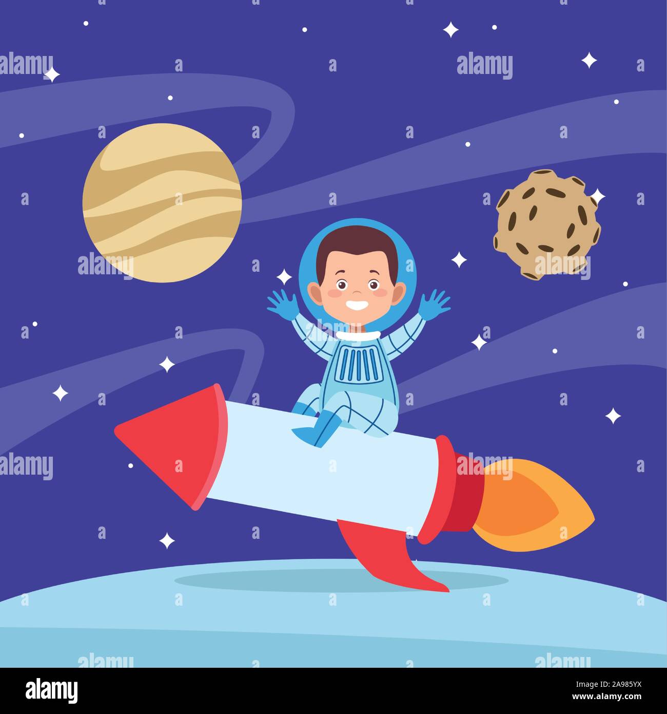 cartoon astronaut kid in space rocket flying at space Stock Vector Image &  Art - Alamy