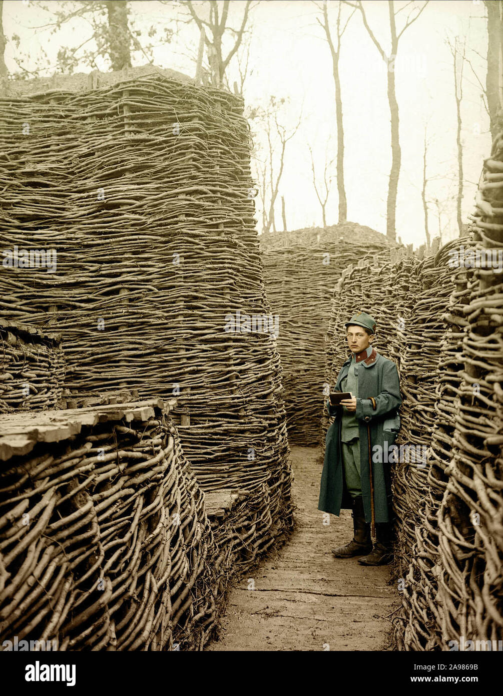 Austrian soldier in a trench on the eastern front, which has bee secured with fascines (rough bundle of brushwood). World War I. Russian Empire 1915. Colored Photo Stock Photo