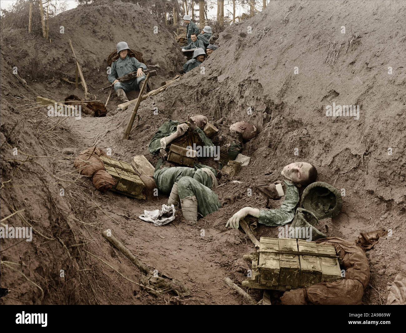 Dead bodies inside a trench during World War I Stock Photo