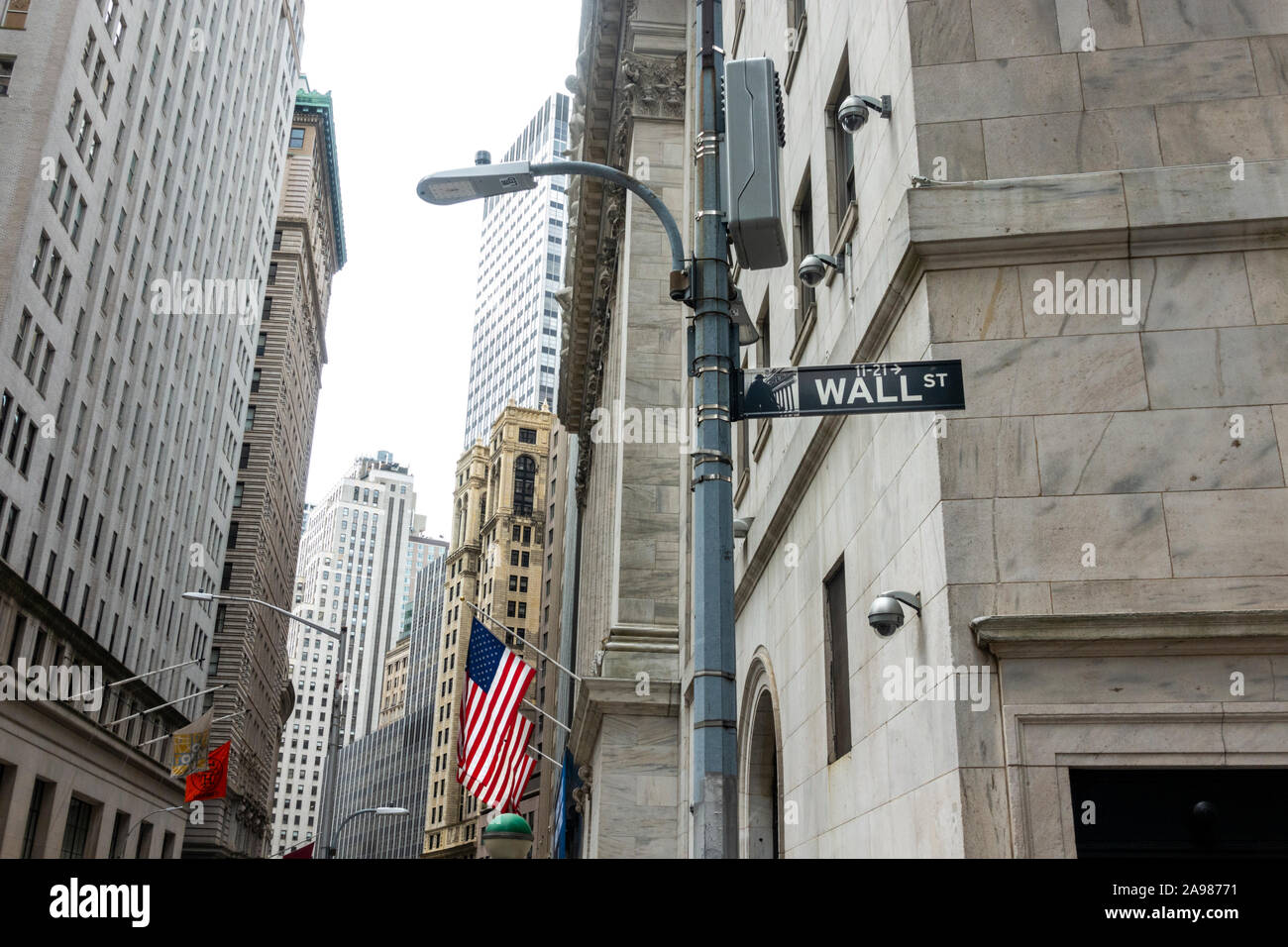 Wall St street sign with US flag flying on the New York Stock Exchange and skyscrapers in the background Stock Photo