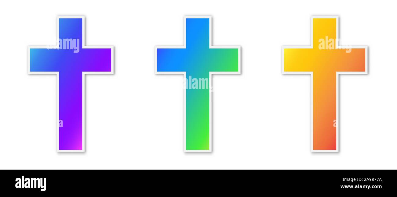 Set of vector christian Cross icons. Paper stickers with shadow. Colorful christian symbols isolated. Stock Vector