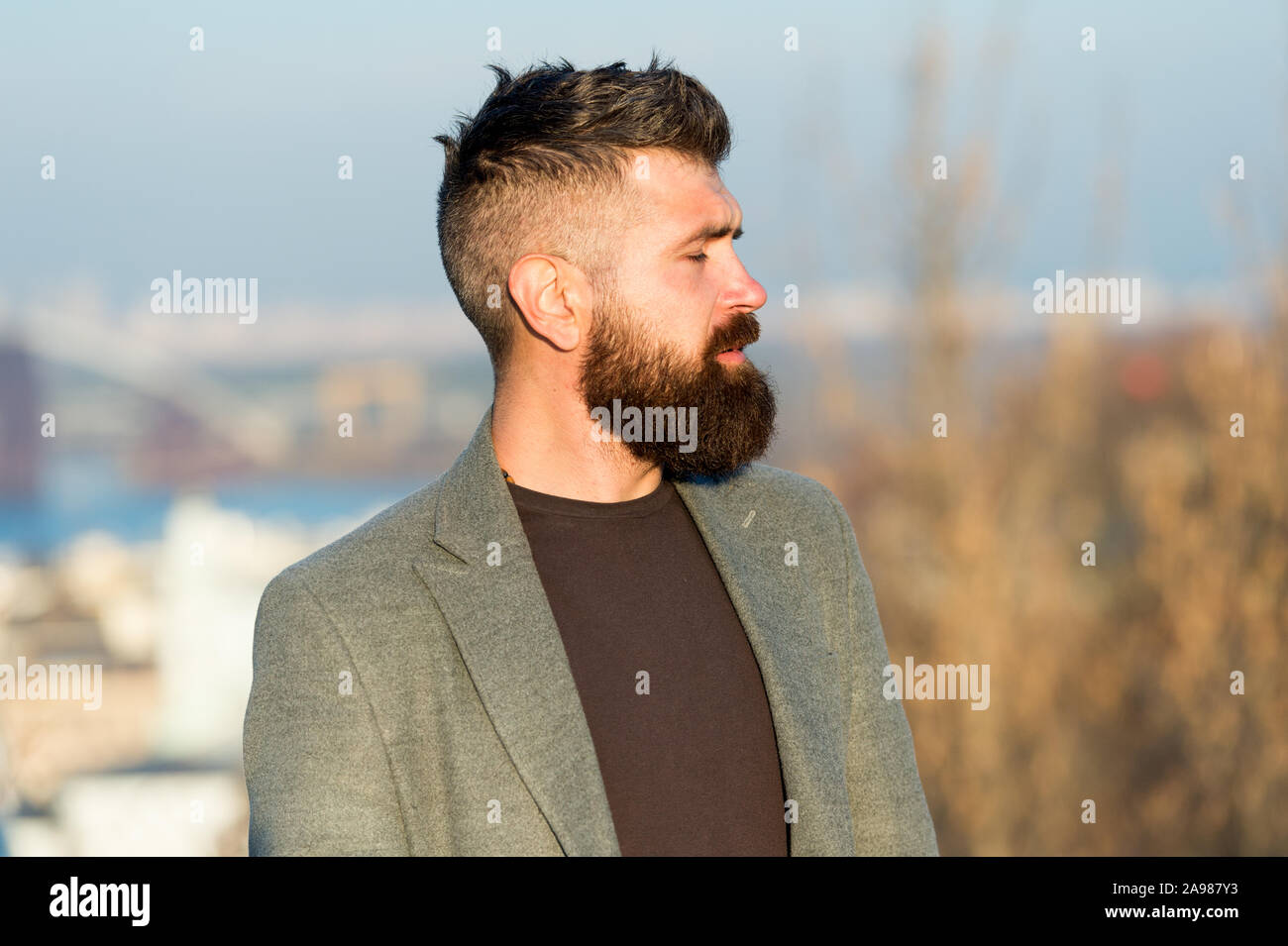 Confident individual. Brutal hipster. Caucasian hipster with thick beard  hair. Bearded man in trendy hipster style. Lumberjack look of modern  hipster. Barbershop or barbers. Hairdressing salon Stock Photo - Alamy