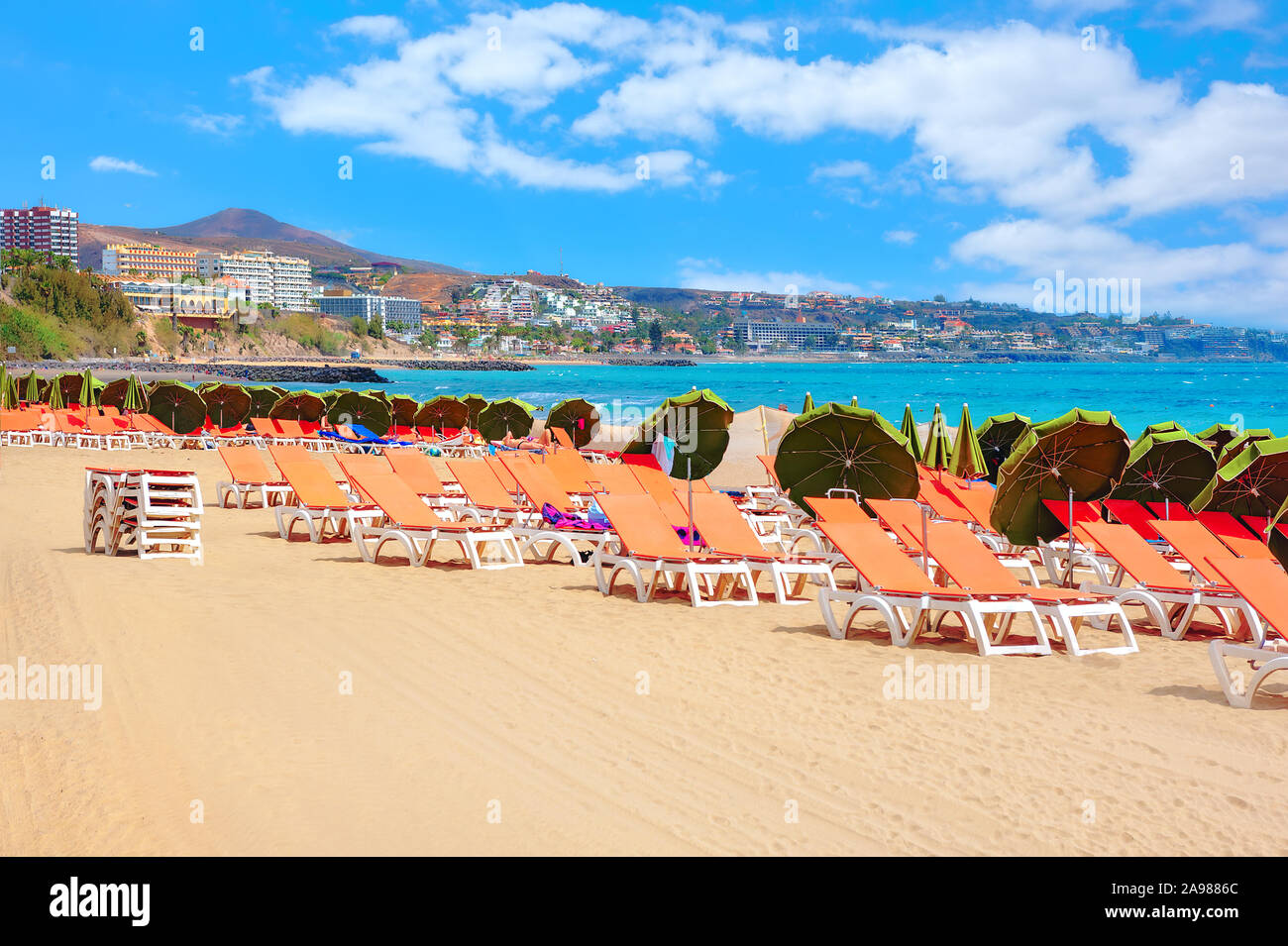 Beach on seaside of Playa del Ingles resort town. Gran Canaria, Canary islands, Spain Stock Photo