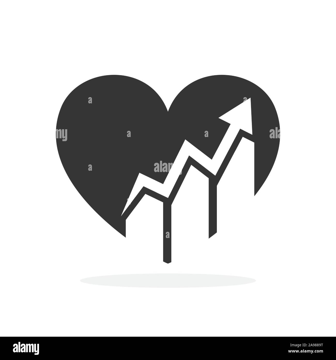 Vector graph icon in heart shape. Flat Diagram icon or graphic icon isolated. Black chart growing bar icon. Stock Vector