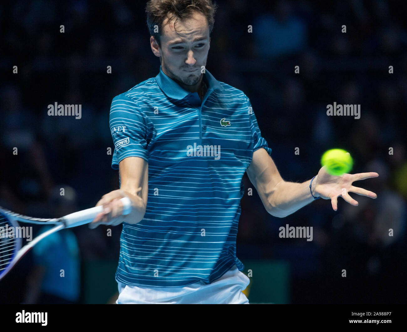 O2, London, UK. 13th November 2019. In a thrilling Nitto ATP Finals afternoon singles match, Rafael Nadal (ESP) (1) comes from behind to beat Daniil Medvedev (RUS) (4), 6-7, 6-3, 7-6. Credit: Malcolm Park/Alamy Live News. Stock Photo