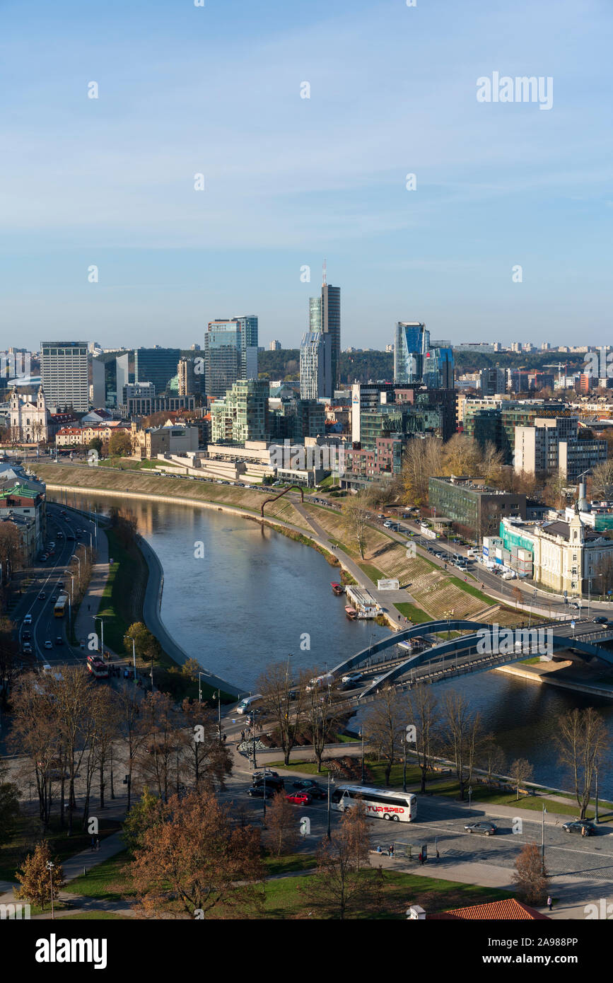 Photograph looking over the River Neris and towards the business district of Snipiskes in Vilnius, Lithuania on a fall or autumn afternoon. Stock Photo