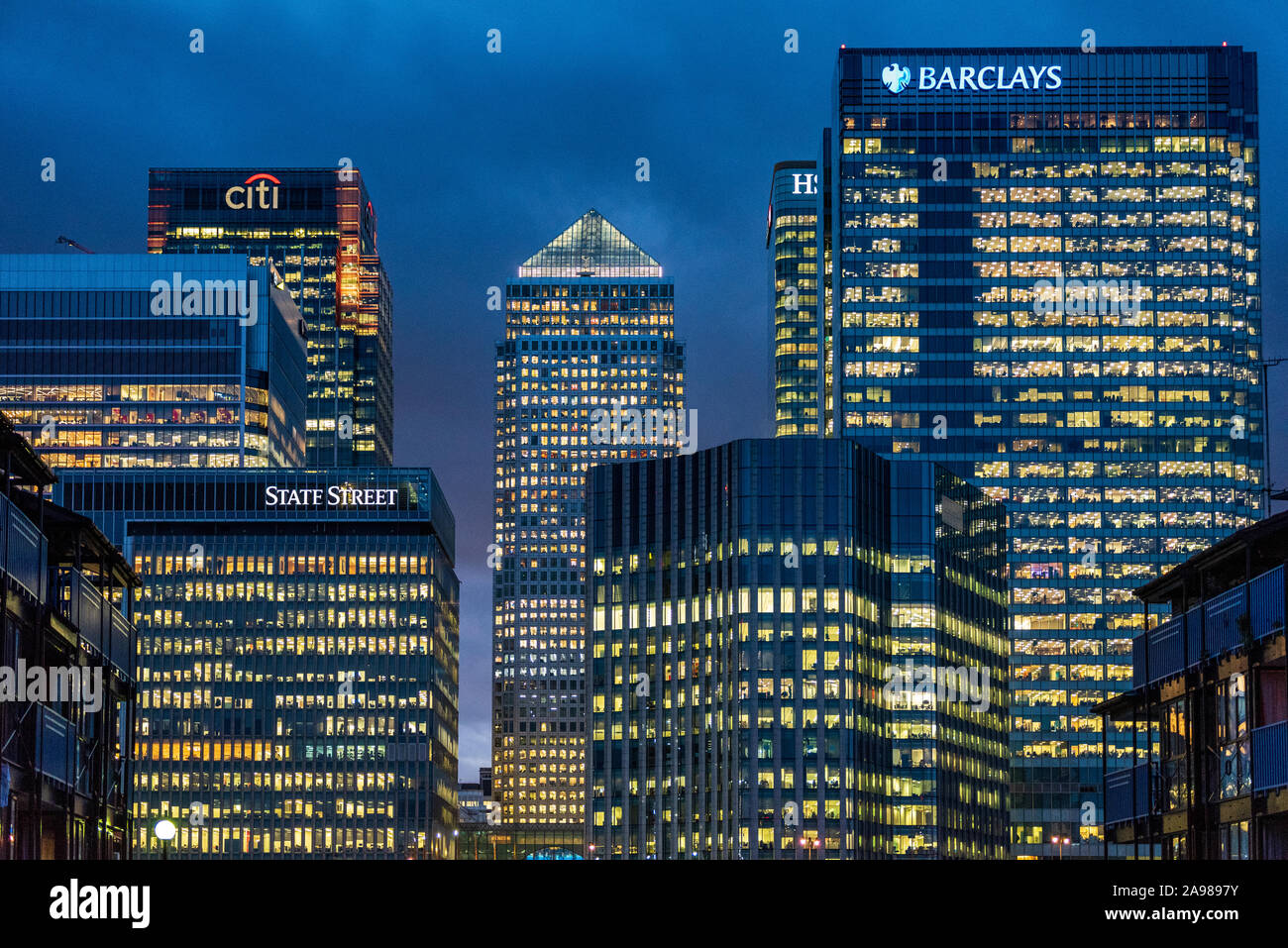 London Banks - Canary Wharf Banks and other financial services offices in London's Canary Wharf Stock Photo