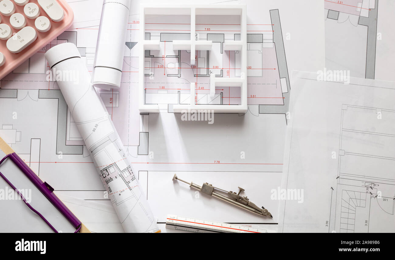 Female Architect Engineer Office Desk Blueprint Plans Building
