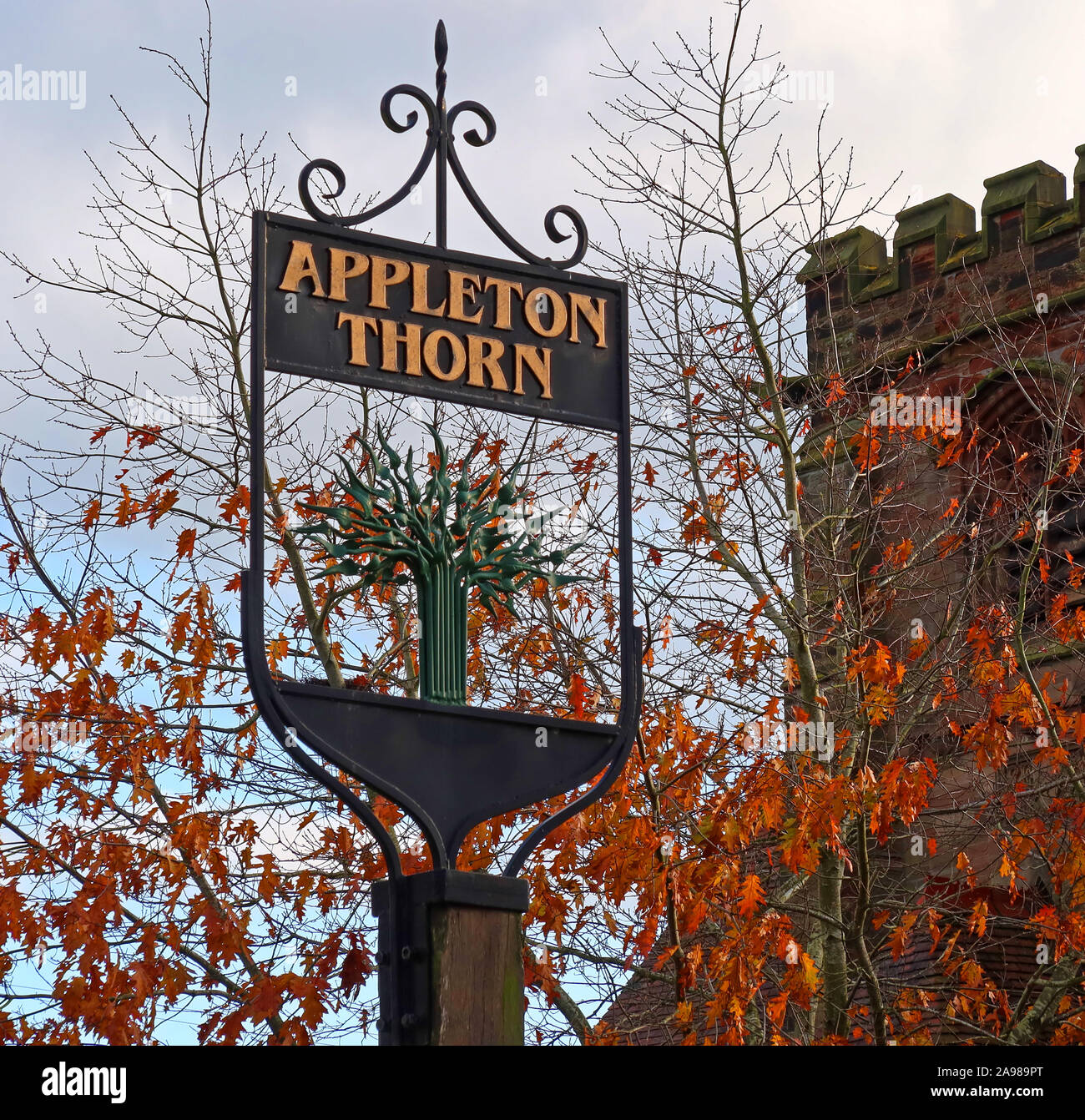 Appleton Thorn Village Sign, Grappenhall Lane, South Warrington, Cheshire, England, UK WA4 4QX Stock Photo