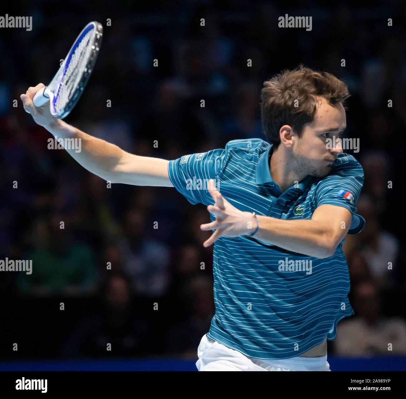 O2, London, UK. 13th November 2019. In a thrilling Nitto ATP Finals afternoon singles match, Rafael Nadal (ESP) (1) comes from behind to beat Daniil Medvedev (RUS) (4), 6-7, 6-3, 7-6. Credit: Malcolm Park/Alamy Live News. Stock Photo