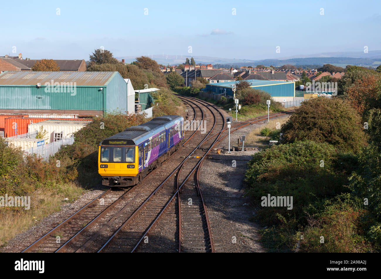 Arriva Northern Rail class 142 pacer train arriving at Morecambe Stock Photo