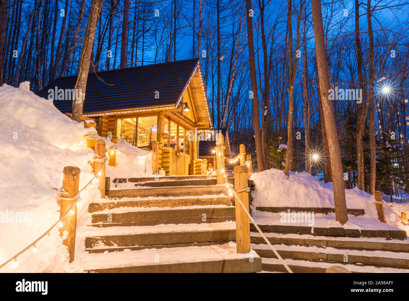 Furano, Hokkaido, Japan winter cabins at twilight. Stock Photo