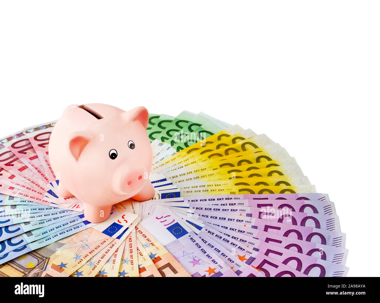 Euro and piggy banks against white background Stock Photo