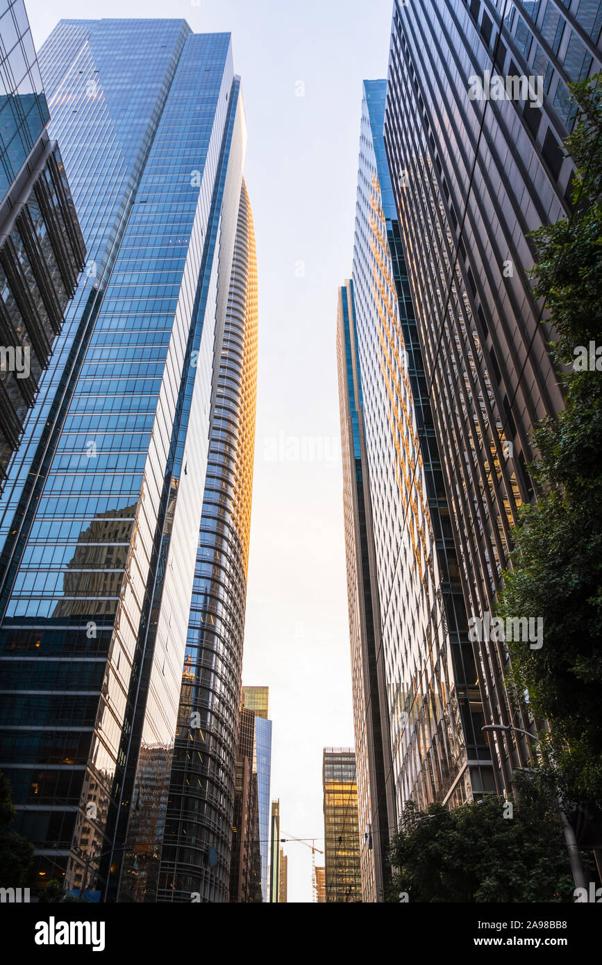 Sunset view of street lined up with modern high-rise building, with sunlight reflected on the glass facades; South of Market District, San Francisco, Stock Photo