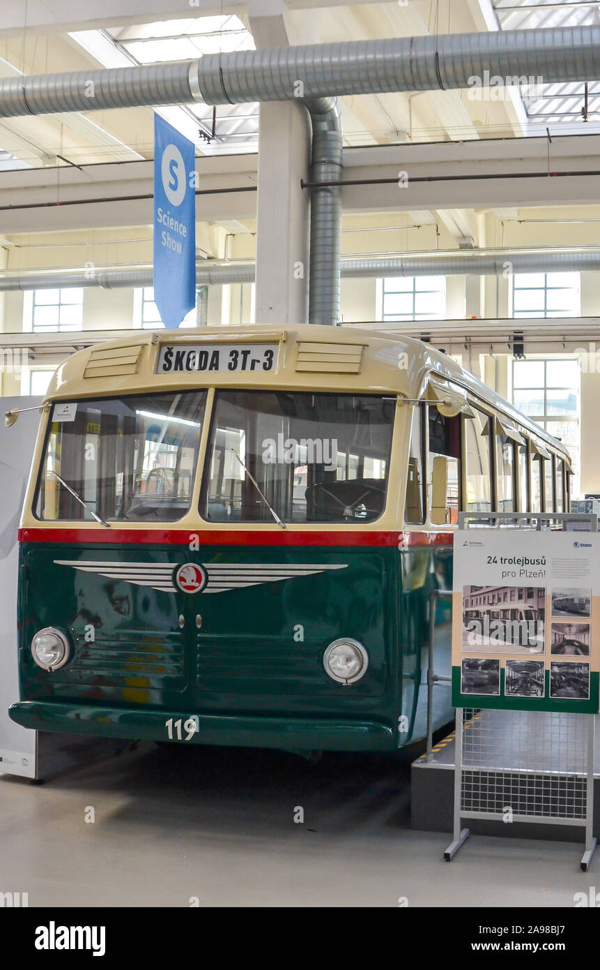 Pilsen, Czech Republic - Oct 28, 2019: Interior exhibitions in the Techmania Science Center. Old trolleybus as one of the exhibits. Center explaining scientific principles to kids by game. Stock Photo