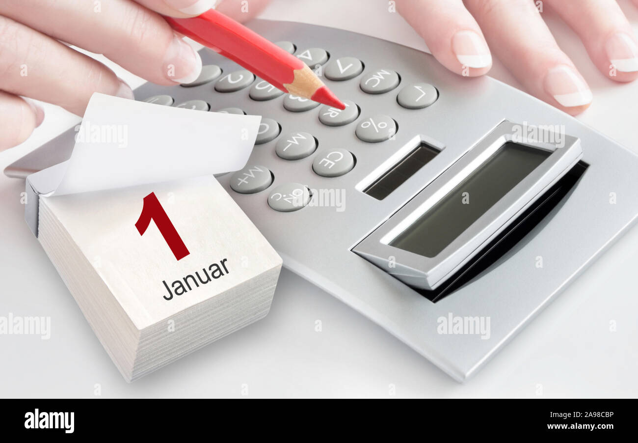 Januar January Finances calculator and calendar Stock Photo