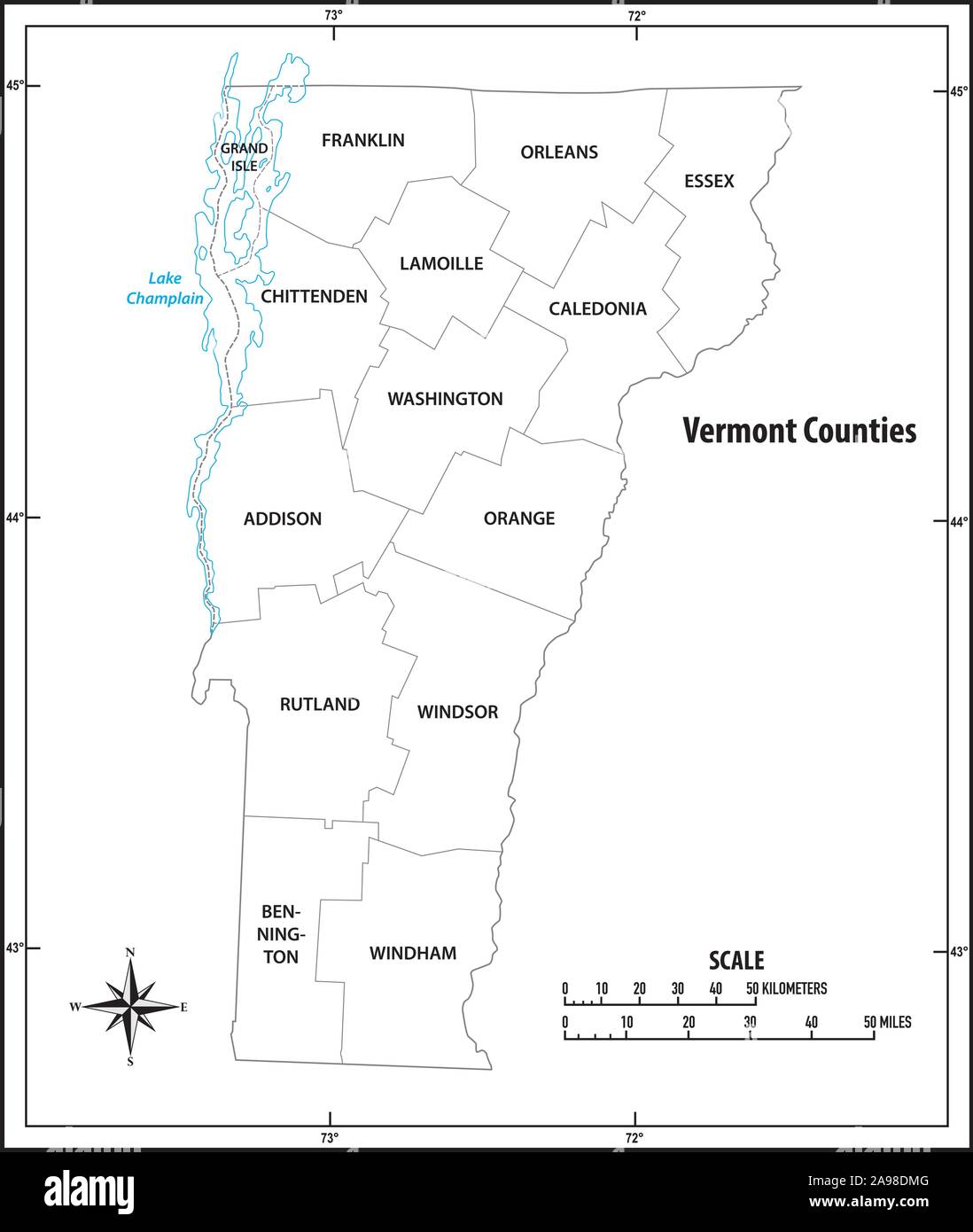 Vermont state outline administrative and political map in black and white Stock Vector