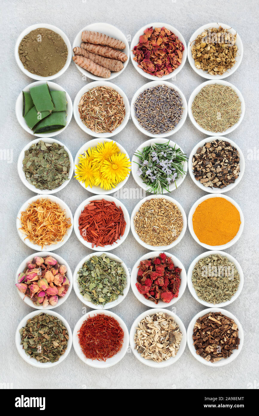 Herbal medicine collection with herbs and spices used in skin care for anti ageing & to help