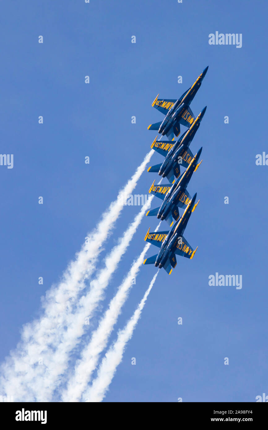 The Blue Angels aerobatic flight demonstration squadron perform over San Francisco Bay during Fleet Week 2019, California, United States of America. Stock Photo