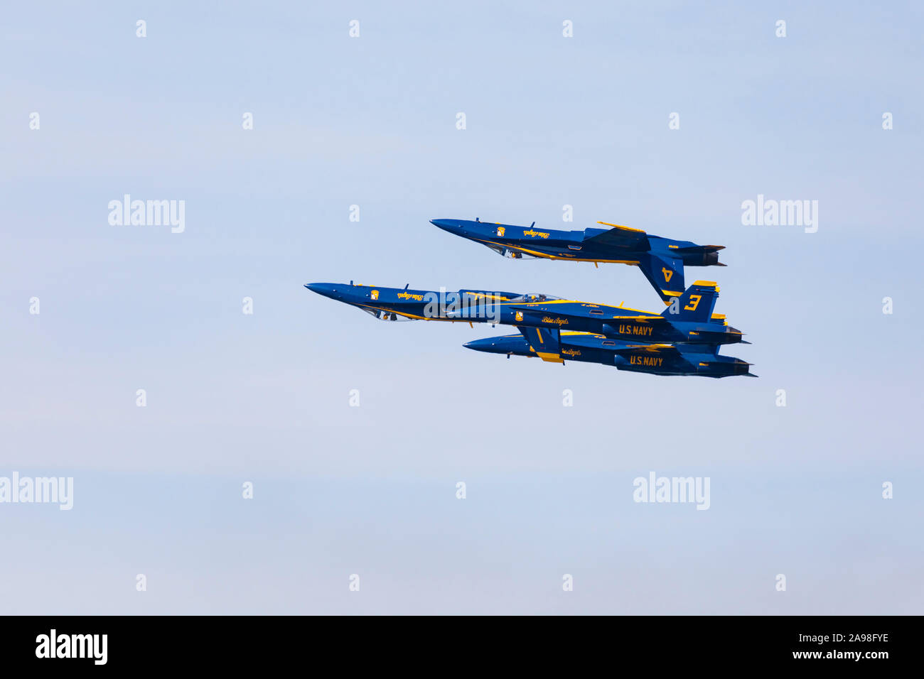 The Blue Angels aerobatic flight demonstration squadron perform over San Francisco Bay during Fleet Week 2019, California, United States of America. Stock Photo