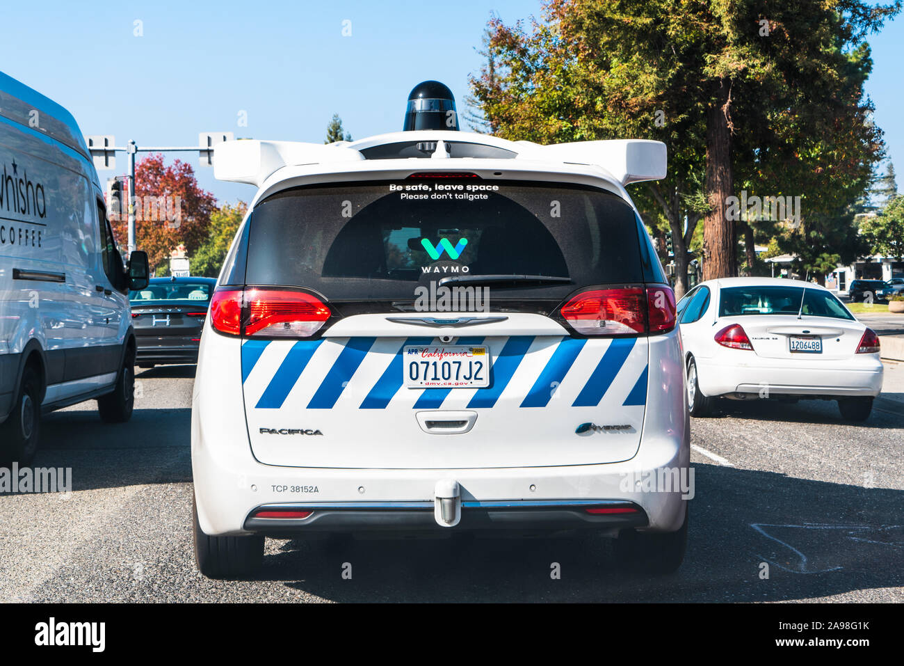 Nov 8, 2019 Mountain View / CA / USA - Waymo self driving car performing tests on a street near Google's offices, Silicon Valley; Waymo, a subsidiary Stock Photo