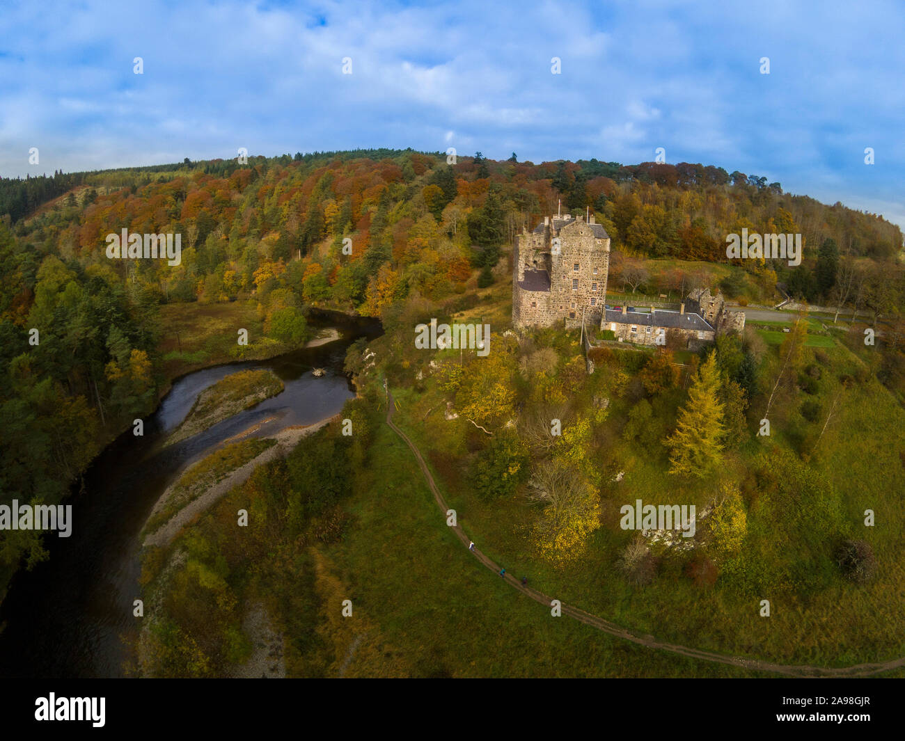 Aerial view of Neidpath Castle sitting above the River Tweed Stock Photo