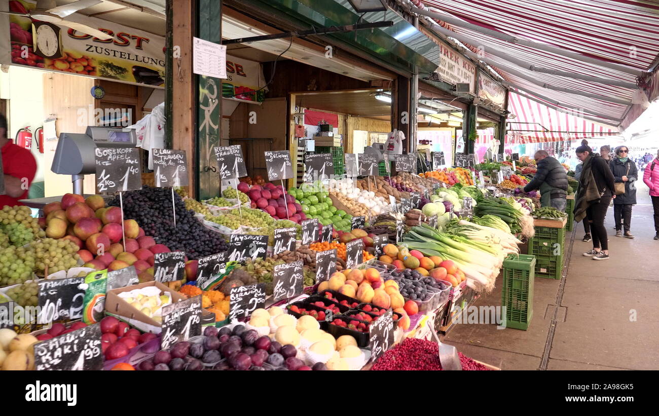 VIENNA, AUSTRIA-OCTOBER, 9, 2017: fresh produce at market stalls at naschtmarkt in vienna Stock Photo