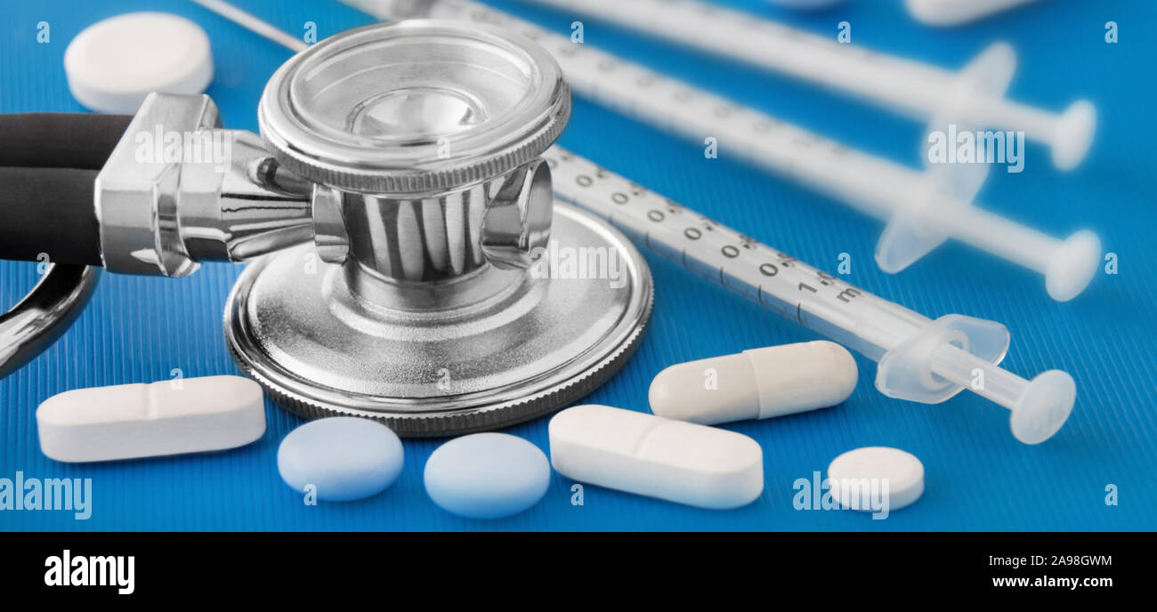 Medicine Medicaments Pills and Injections Stock Photo