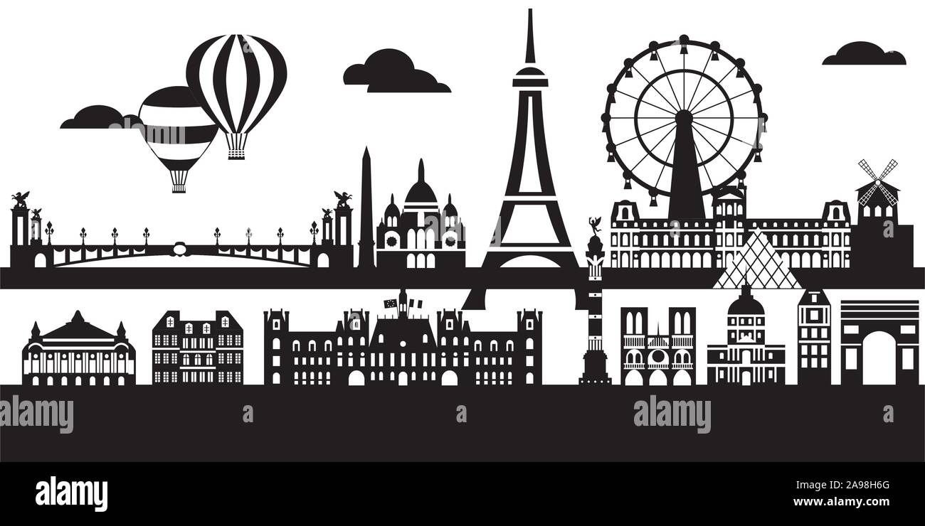 Panoramic Paris City Skyline vector Illustration in black and white ...