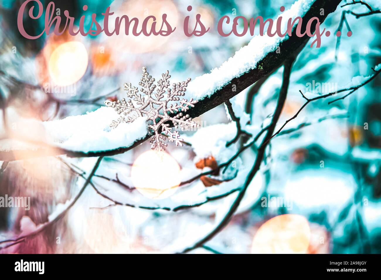 Golden Christmas Decoration snowflake Hanging Outside On A Frosty Tree ...