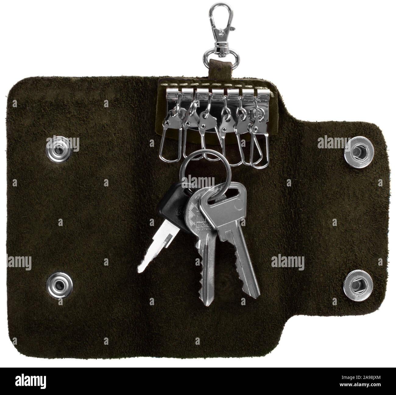 Top view on opened green leather key case with three keys isolated on