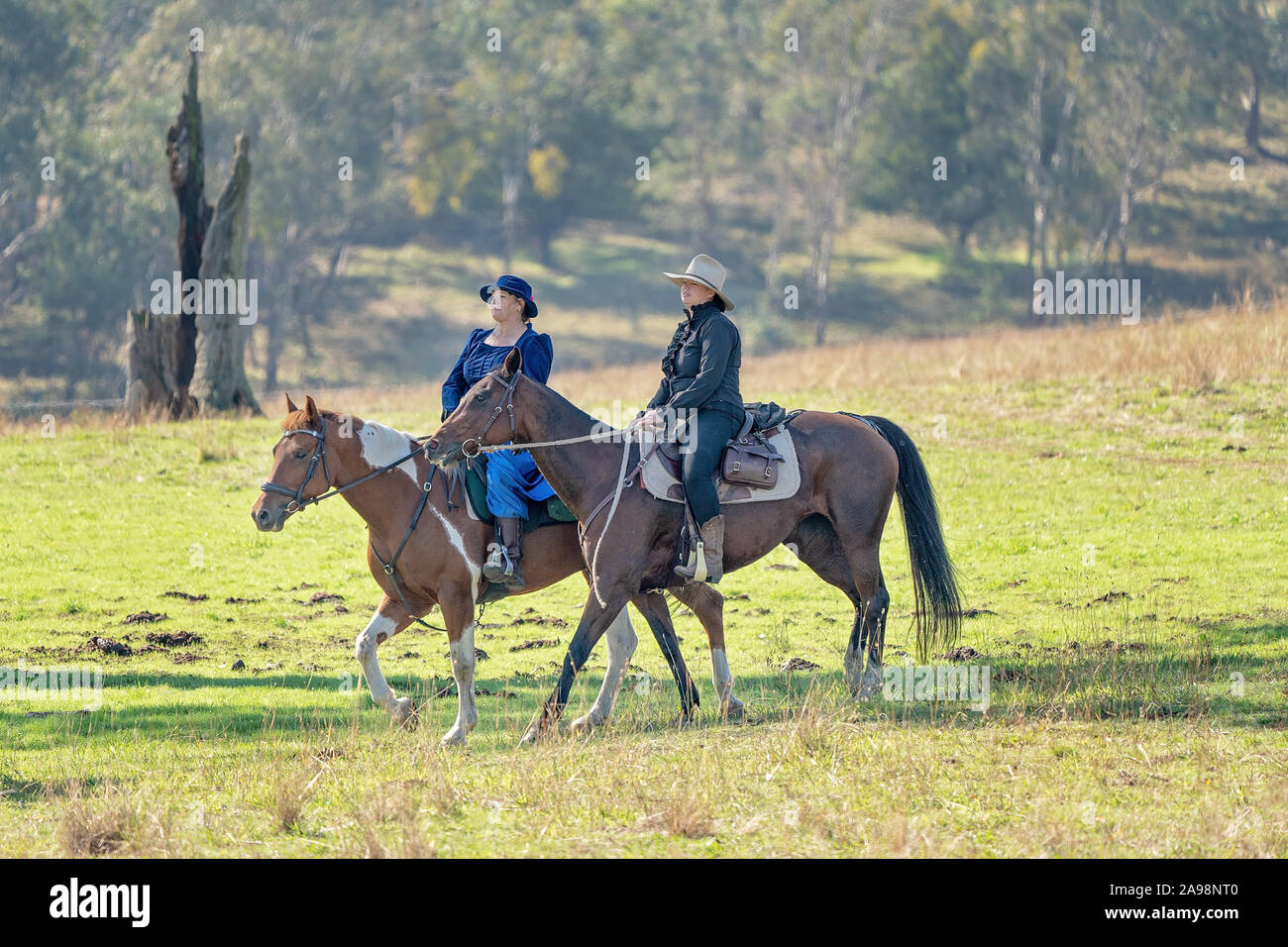 CORRYONG, VICTORIA, AUSTRALIA - APRIL 5TH 2019: The Man From Snowy River Bush Festival re-enactment, riders on horseback arrive in period costume on 5 Stock Photo